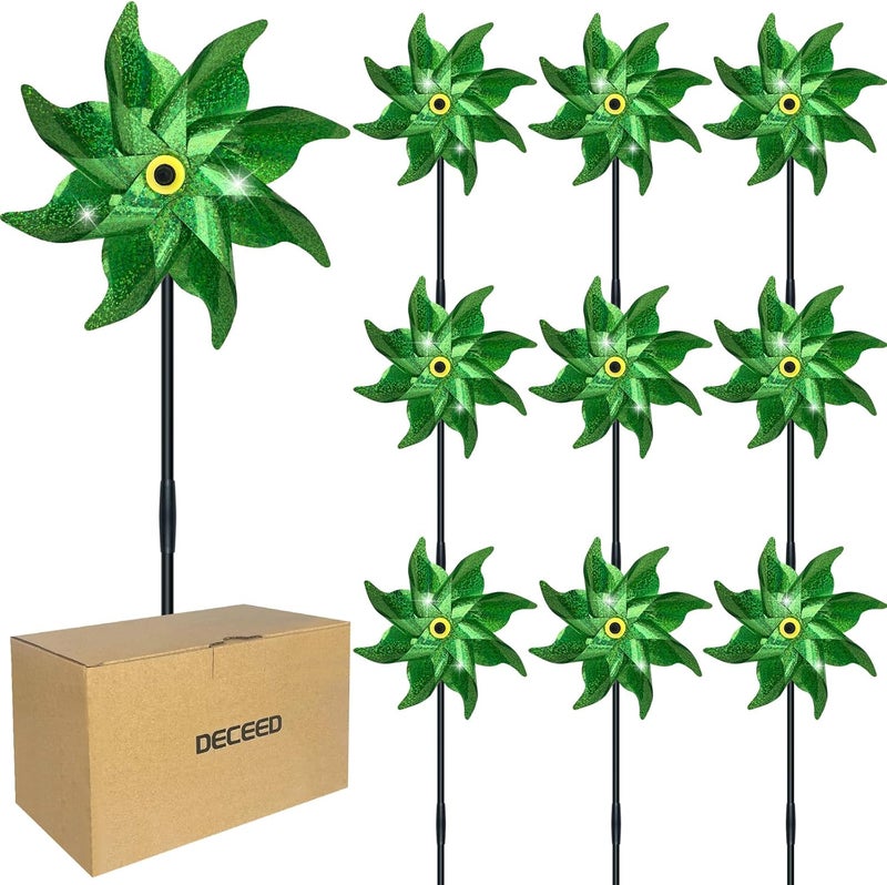 DECEED 10 PCS Reflective Pinwheels for Yard and Garden Bird Devices Pre-Installed Sparkly Wind Spinner Deterrent to Scare Birds Away from Yard Patio Farm (Green) - Image 1